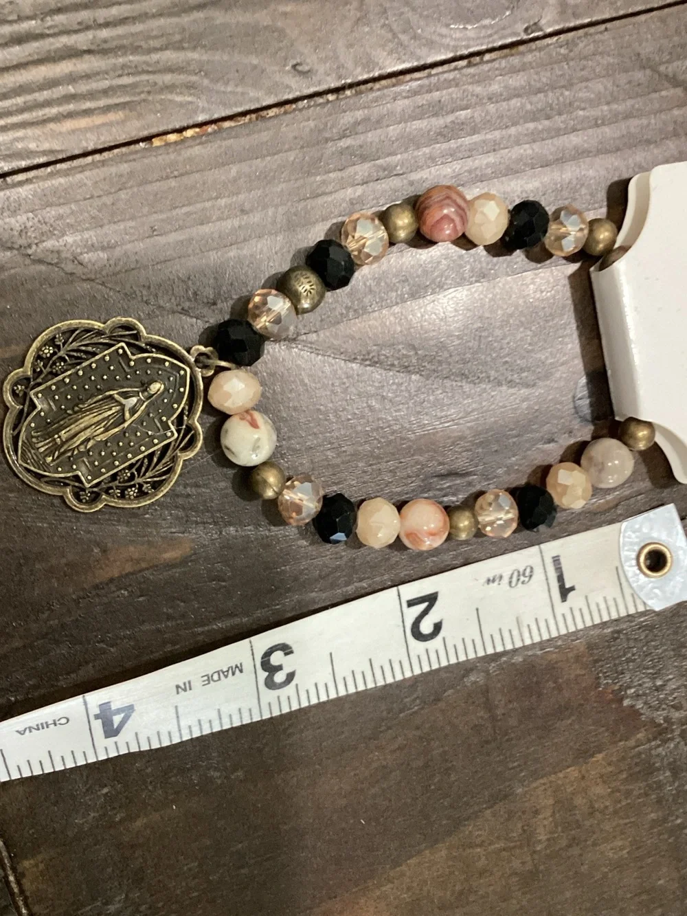 dylan Beaded Stretch Bracelet with Gold Medal Charm - Pink, Black & Cream